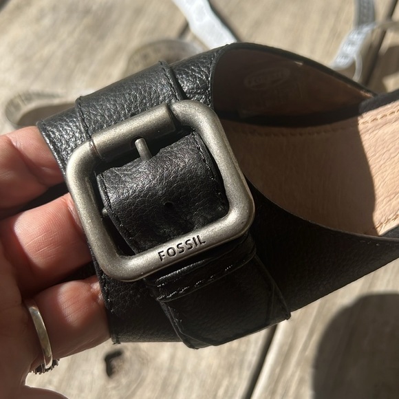 Fossil Black Cork Wedge Platform Sandals Size 9.5 Leather Buckle Slide Shoes - Picture 10 of 10